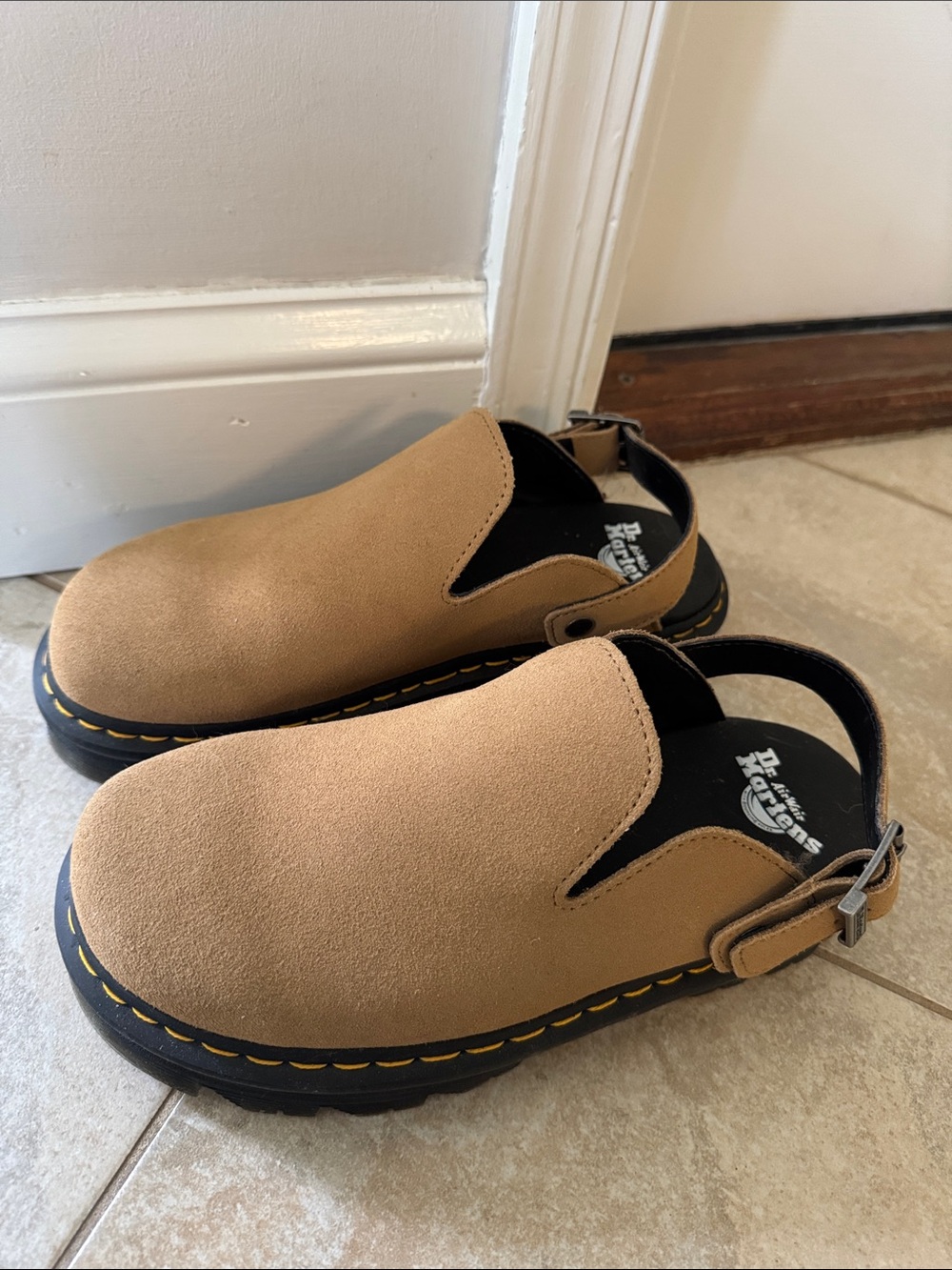 Dr. Martens Tan Suede Clog Sandals with Back Strap